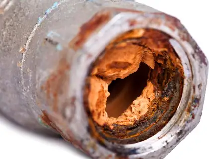 Metal pipe fitting corroded by limescale