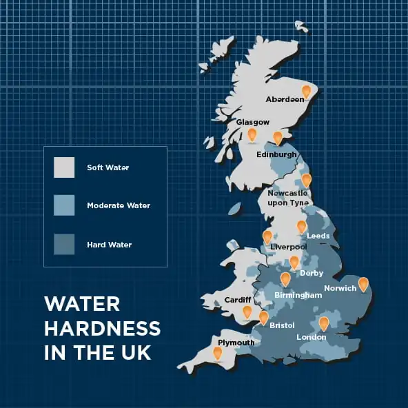 UK map showing problematic hard water areas